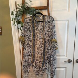 Lightweight Floral Kimono Cover-Up with Yellow Trim